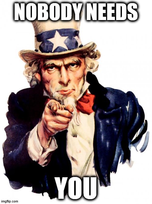Uncle Sam Meme | NOBODY NEEDS; YOU | image tagged in memes,uncle sam | made w/ Imgflip meme maker