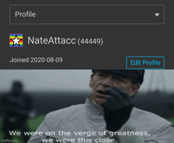 Why did i have to miss 44444 points | image tagged in we were on the verge of greatness,memes,funny,points | made w/ Imgflip meme maker