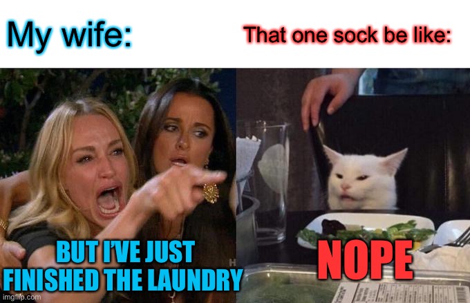 When your kids can hit every shot on their console but can’t get clothes in the hamper. | My wife:; That one sock be like:; NOPE; BUT I’VE JUST FINISHED THE LAUNDRY | image tagged in memes,woman yelling at cat,laundry,wife,stress,kids these days | made w/ Imgflip meme maker