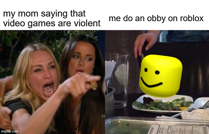 ViDeO GaMeS ArE ViLeNt AnD u KnOw ThAt! | my mom saying that video games are violent; me do an obby on roblox | image tagged in memes,woman yelling at cat,roblox | made w/ Imgflip meme maker