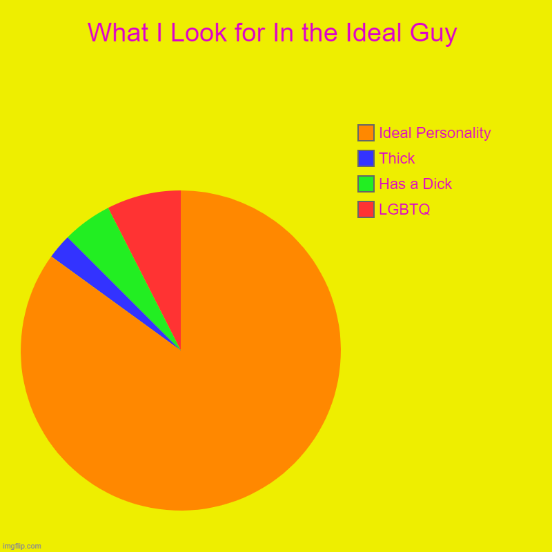 What I Look for In the Ideal Guy | What I Look for In the Ideal Guy | LGBTQ, Has a Dick, Thick, Ideal Personality | image tagged in charts,pie charts,memes,lgbtq,what i look for | made w/ Imgflip chart maker