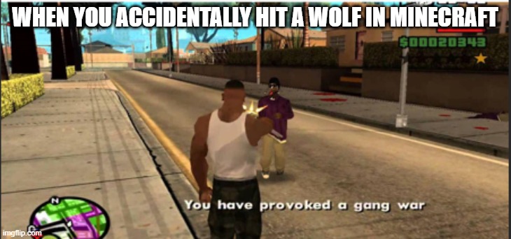 You have provoked a gang war | WHEN YOU ACCIDENTALLY HIT A WOLF IN MINECRAFT | image tagged in youhave provoked a gang war | made w/ Imgflip meme maker