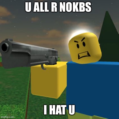 NOOBS | U ALL R NOKBS; I HAT U | image tagged in roblox noob with a gun | made w/ Imgflip meme maker