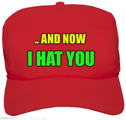 blank red MAGA hat | .. AND NOW I HAT YOU | image tagged in blank red maga hat | made w/ Imgflip meme maker
