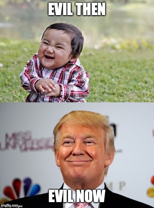 EVIL THEN; EVIL NOW | image tagged in memes,evil toddler,donald trump approves | made w/ Imgflip meme maker