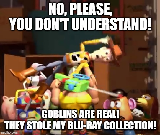 No, please, you don't understand! | NO, PLEASE, YOU DON'T UNDERSTAND! GOBLINS ARE REAL!
THEY STOLE MY BLU-RAY COLLECTION! | image tagged in no please you don't understand | made w/ Imgflip meme maker
