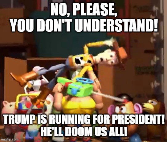 No, please, you don't understand! | NO, PLEASE, YOU DON'T UNDERSTAND! TRUMP IS RUNNING FOR PRESIDENT!
HE'LL DOOM US ALL! | image tagged in no please you don't understand | made w/ Imgflip meme maker