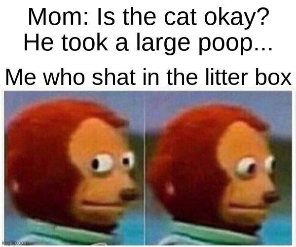I'm back with more terrible memes fight me | Mom: Is the cat okay? He took a large poop... Me who shat in the litter box | image tagged in memes,monkey puppet | made w/ Imgflip meme maker