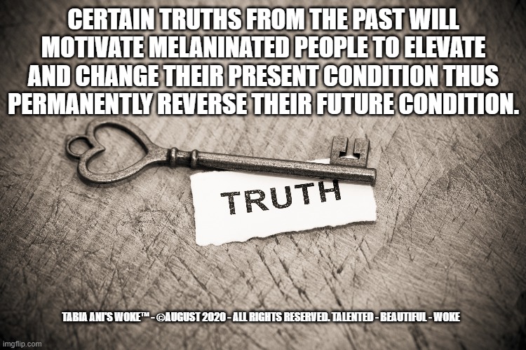 Certain Truths | CERTAIN TRUTHS FROM THE PAST WILL MOTIVATE MELANINATED PEOPLE TO ELEVATE AND CHANGE THEIR PRESENT CONDITION THUS PERMANENTLY REVERSE THEIR FUTURE CONDITION. TABIA ANI'S WOKE™ - ©AUGUST 2020 - ALL RIGHTS RESERVED. TALENTED - BEAUTIFUL - WOKE | image tagged in the truth | made w/ Imgflip meme maker