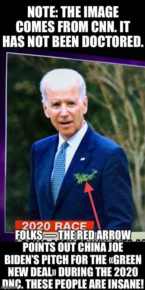 China Joe Biden’s insane pich for the «Green New Deal.» | NOTE: THE IMAGE COMES FROM CNN. IT HAS NOT BEEN DOCTORED. FOLKS — THE RED ARROW POINTS OUT CHINA JOE BIDEN’S PITCH FOR THE «GREEN NEW DEAL» DURING THE 2020 DNC. THESE PEOPLE ARE INSANE! | image tagged in joe biden,creepy joe biden,biden,corrupt,government corruption,election 2020 | made w/ Imgflip meme maker