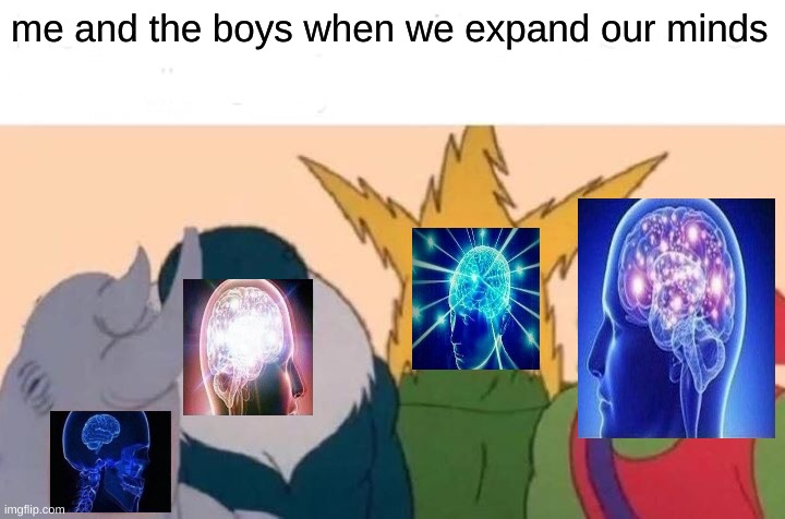 Meme Crossover: Me and the expanding brain boys | me and the boys when we expand our minds | image tagged in me and the boys,expanding brain | made w/ Imgflip meme maker