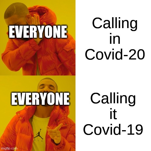 Drake Hotline Bling Meme | Calling in Covid-20 Calling it Covid-19 EVERYONE EVERYONE | image tagged in memes,drake hotline bling | made w/ Imgflip meme maker