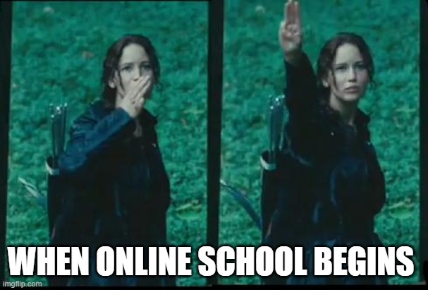 Katniss Respect | WHEN ONLINE SCHOOL BEGINS | image tagged in katniss respect | made w/ Imgflip meme maker