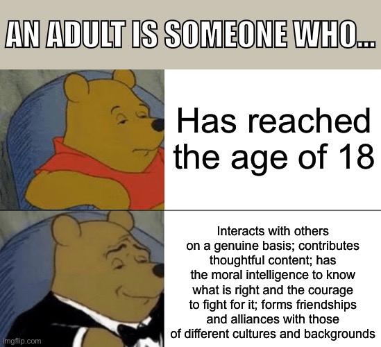 Tl;dr: Maturity is a state of mind. | AN ADULT IS SOMEONE WHO... Has reached the age of 18; Interacts with others on a genuine basis; contributes thoughtful content; has the moral intelligence to know what is right and the courage to fight for it; forms friendships and alliances with those of different cultures and backgrounds | image tagged in memes,tuxedo winnie the pooh,adult,maturity,mature,immature | made w/ Imgflip meme maker