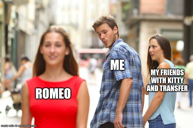 Distracted Boyfriend | ME; MY FRIENDS WITH KITTY AND TRANSFER; ROMEO | image tagged in memes,distracted boyfriend | made w/ Imgflip meme maker