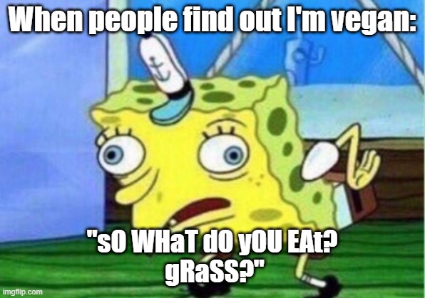 Mocking Spongebob Meme | When people find out I'm vegan:; "sO WHaT dO yOU EAt?
 gRaSS?" | image tagged in memes,mocking spongebob | made w/ Imgflip meme maker