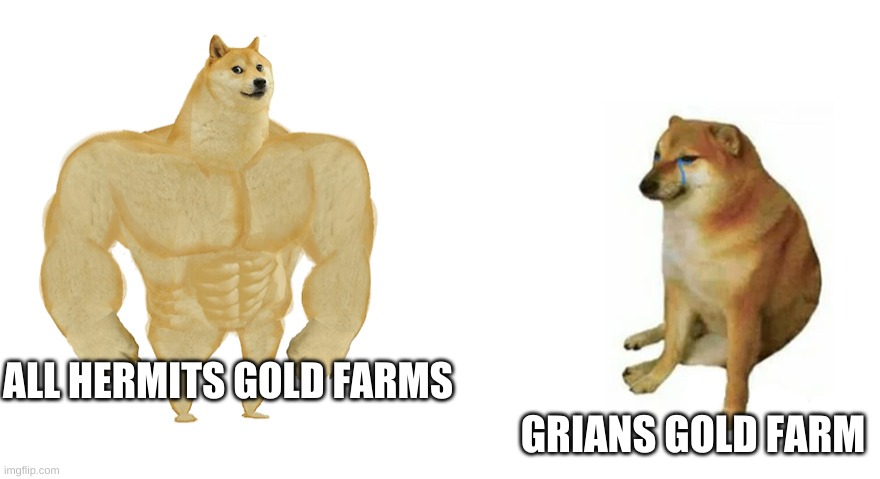 sad | GRIANS GOLD FARM; ALL HERMITS GOLD FARMS | image tagged in buff doge vs crying cheems | made w/ Imgflip meme maker