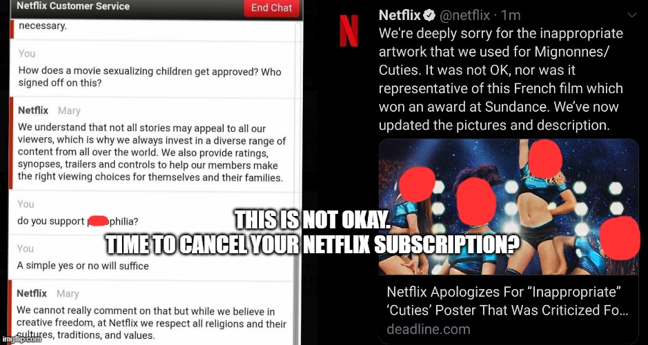 Netflix Cuties | THIS IS NOT OKAY.
TIME TO CANCEL YOUR NETFLIX SUBSCRIPTION? | image tagged in netflix,inappropriate,evil,pedophilia | made w/ Imgflip meme maker