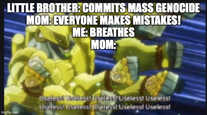 useless useless useless! | LITTLE BROTHER: COMMITS MASS GENOCIDE
MOM: EVERYONE MAKES MISTAKES!
ME: BREATHES
MOM: | image tagged in useless useless useless | made w/ Imgflip meme maker