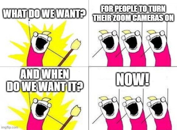 What Do We Want | WHAT DO WE WANT? FOR PEOPLE TO TURN THEIR ZOOM CAMERAS ON; NOW! AND WHEN DO WE WANT IT? | image tagged in memes,what do we want,memes | made w/ Imgflip meme maker