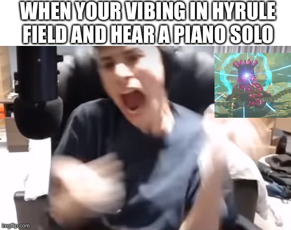 Uh oh time to teleport to a random shrine | WHEN YOUR VIBING IN HYRULE FIELD AND HEAR A PIANO SOLO | image tagged in george aah | made w/ Imgflip meme maker