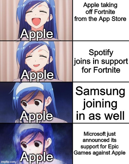 Apple | Apple taking off Fortnite from the App Store; Apple; Spotify joins in support for Fortnite; Apple; Samsung joining in as well; Apple; Microsoft just announced its support for Epic Games against Apple; Apple | image tagged in fortnite,apple | made w/ Imgflip meme maker