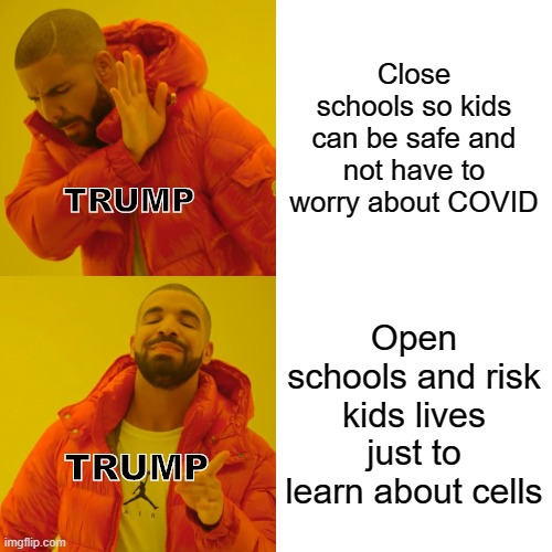 Drake Hotline Bling Meme | Close schools so kids can be safe and not have to worry about COVID; TRUMP; Open schools and risk kids lives just to learn about cells; TRUMP | image tagged in memes,drake hotline bling | made w/ Imgflip meme maker