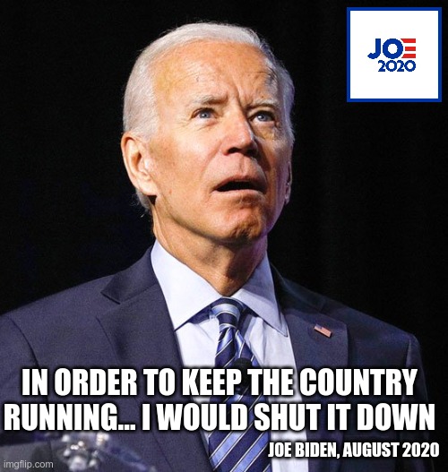 In order to X - contra-X | IN ORDER TO KEEP THE COUNTRY RUNNING... I WOULD SHUT IT DOWN; JOE BIDEN, AUGUST 2020 | image tagged in joe biden | made w/ Imgflip meme maker