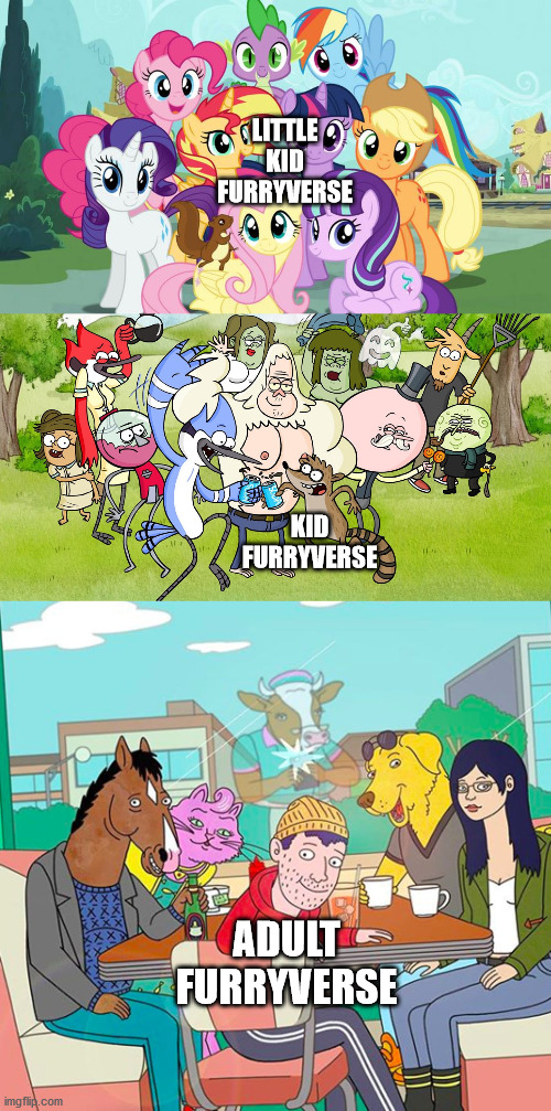 Furryverse | LITTLE KID FURRYVERSE; KID FURRYVERSE; ADULT FURRYVERSE | image tagged in furry,regular show,furry memes,the furry fandom | made w/ Imgflip meme maker