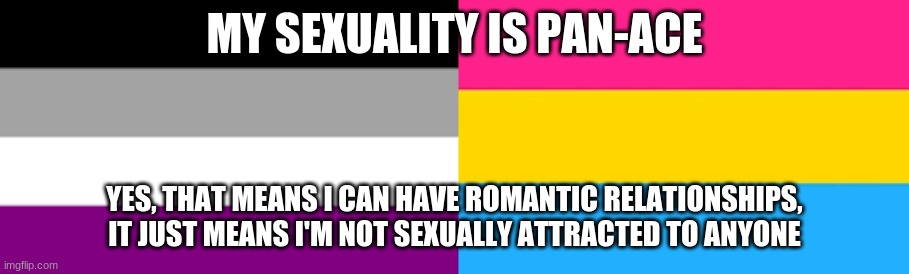 im Pan-Ace | MY SEXUALITY IS PAN-ACE; YES, THAT MEANS I CAN HAVE ROMANTIC RELATIONSHIPS, IT JUST MEANS I'M NOT SEXUALLY ATTRACTED TO ANYONE | image tagged in pansexual,asexual | made w/ Imgflip meme maker
