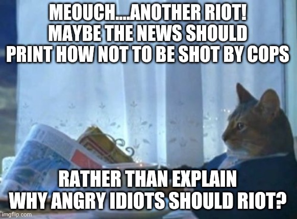 How to avoid being shot by cops. Simple, don't go nuts, pull a gun, scream at the cops, or act like a fool. Its not hard. | MEOUCH....ANOTHER RIOT! MAYBE THE NEWS SHOULD PRINT HOW NOT TO BE SHOT BY COPS; RATHER THAN EXPLAIN WHY ANGRY IDIOTS SHOULD RIOT? | image tagged in memes,grumpy cat,riots | made w/ Imgflip meme maker