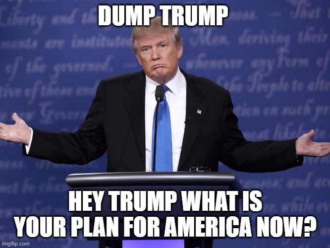 There is No Plan and Trump Takes No Responsibility | DUMP TRUMP; HEY TRUMP WHAT IS YOUR PLAN FOR AMERICA NOW? | image tagged in dump trump,no plan,no ideas,2020,donald trump is an idiot | made w/ Imgflip meme maker