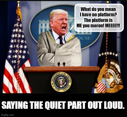 I'M F*CKING KING OF THE WORLD!!! | What do you mean I have no platform? The platform is ME you moron! MEEEE!!! SAYING THE QUIET PART OUT LOUD. | image tagged in trump is a moron,narcissist,donald trump is an idiot,rnc convention | made w/ Imgflip meme maker