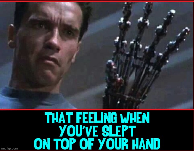 When Your Hand Doesn't Feel Like Part of Your Body | THAT FEELING WHEN
YOU'VE SLEPT
ON TOP OF YOUR HAND | image tagged in vince vance,terminator,terminator robot t-800,terminator arnold schwarzenegger,hand,memes | made w/ Imgflip meme maker