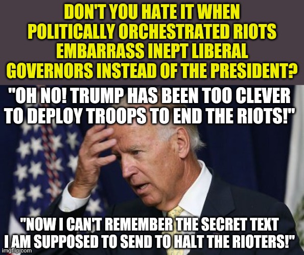 Go Biden go! | DON'T YOU HATE IT WHEN POLITICALLY ORCHESTRATED RIOTS EMBARRASS INEPT LIBERAL GOVERNORS INSTEAD OF THE PRESIDENT? "OH NO! TRUMP HAS BEEN TOO CLEVER TO DEPLOY TROOPS TO END THE RIOTS!"; "NOW I CAN'T REMEMBER THE SECRET TEXT I AM SUPPOSED TO SEND TO HALT THE RIOTERS!" | image tagged in joe biden worries,riots,american politics | made w/ Imgflip meme maker