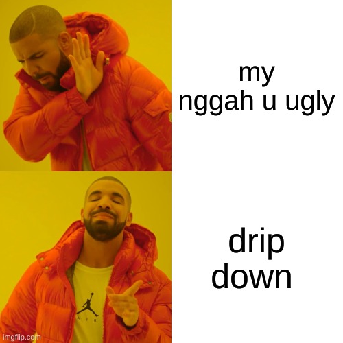 Drake Hotline Bling | my nggah u ugly; drip down | image tagged in memes,drake hotline bling | made w/ Imgflip meme maker