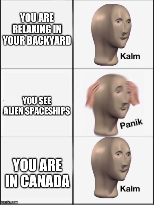 Aleanz! | YOU ARE RELAXING IN YOUR BACKYARD; YOU SEE ALIEN SPACESHIPS; YOU ARE IN CANADA | image tagged in kalm panik kalm | made w/ Imgflip meme maker