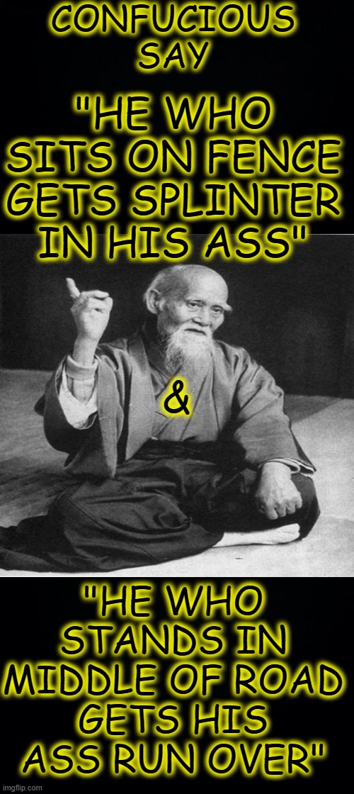 CONFUCIOUS SAY "HE WHO STANDS IN MIDDLE OF ROAD GETS HIS ASS RUN OVER" "HE WHO SITS ON FENCE GETS SPLINTER IN HIS ASS" & | image tagged in black background | made w/ Imgflip meme maker