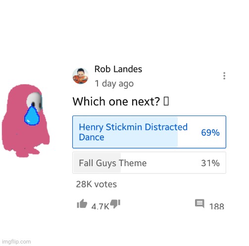 Fall guy crys Rob landes choose Henry Stickmin Distraction Dance | image tagged in fall guys,crying,henry stickmin,distraction | made w/ Imgflip meme maker