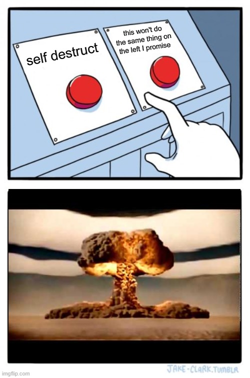 Two Buttons | this won't do the same thing on the left I promise; self destruct | image tagged in memes,two buttons | made w/ Imgflip meme maker