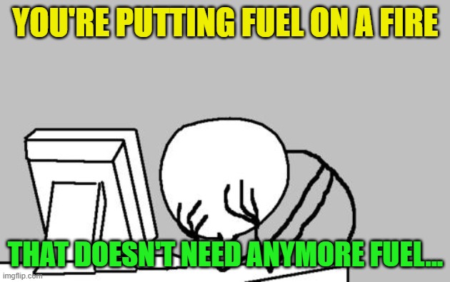 Computer Guy Facepalm Meme | YOU'RE PUTTING FUEL ON A FIRE THAT DOESN'T NEED ANYMORE FUEL... | image tagged in memes,computer guy facepalm | made w/ Imgflip meme maker