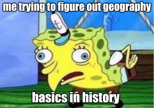 Mocking Spongebob Meme | me trying to figure out geography; basics in history | image tagged in memes,mocking spongebob | made w/ Imgflip meme maker