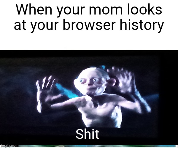 Golem | When your mom looks at your browser history; Shit | image tagged in haha | made w/ Imgflip meme maker