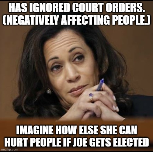 A hypocritical lawless excuse. | HAS IGNORED COURT ORDERS. (NEGATIVELY AFFECTING PEOPLE.); IMAGINE HOW ELSE SHE CAN HURT PEOPLE IF JOE GETS ELECTED | image tagged in kamala harris,liberal hypocrisy,stupid liberals | made w/ Imgflip meme maker
