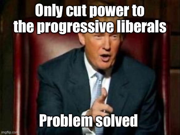 Donald Trump | Only cut power to the progressive liberals Problem solved | image tagged in donald trump | made w/ Imgflip meme maker