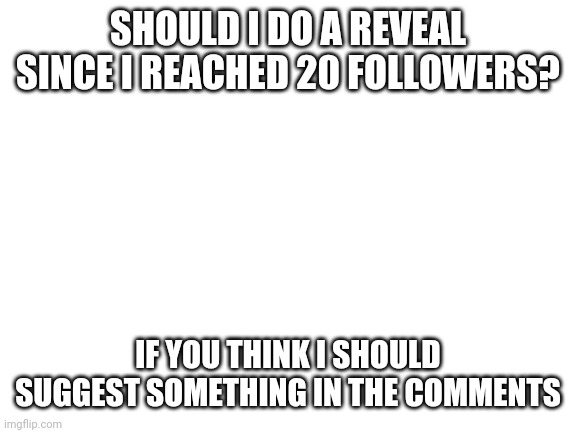 Reveal | SHOULD I DO A REVEAL SINCE I REACHED 20 FOLLOWERS? IF YOU THINK I SHOULD SUGGEST SOMETHING IN THE COMMENTS | image tagged in blank white template,reveal,followers | made w/ Imgflip meme maker