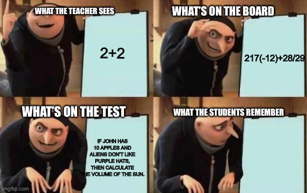 Math is confusing | WHAT THE TEACHER SEES; WHAT’S ON THE BOARD; 2+2; 217(-12)+28/29; WHAT’S ON THE TEST; WHAT THE STUDENTS REMEMBER; IF JOHN HAS 10 APPLES AND ALIENS DON’T LIKE PURPLE HATS, THEN CALCULATE THE VOLUME OF THE SUN. | image tagged in gru's plan | made w/ Imgflip meme maker