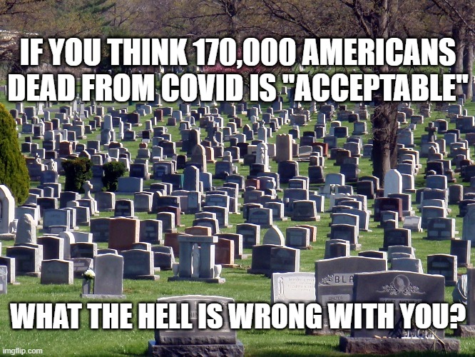 IF YOU THINK 170,000 AMERICANS DEAD FROM COVID IS "ACCEPTABLE"; WHAT THE HELL IS WRONG WITH YOU? | image tagged in covid-19,republicans | made w/ Imgflip meme maker