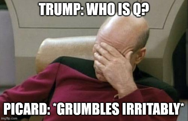 Too bad there isn't a picard flashback template | TRUMP: WHO IS Q? PICARD: *GRUMBLES IRRITABLY* | image tagged in memes,captain picard facepalm,star trek the next generation,captain picard | made w/ Imgflip meme maker