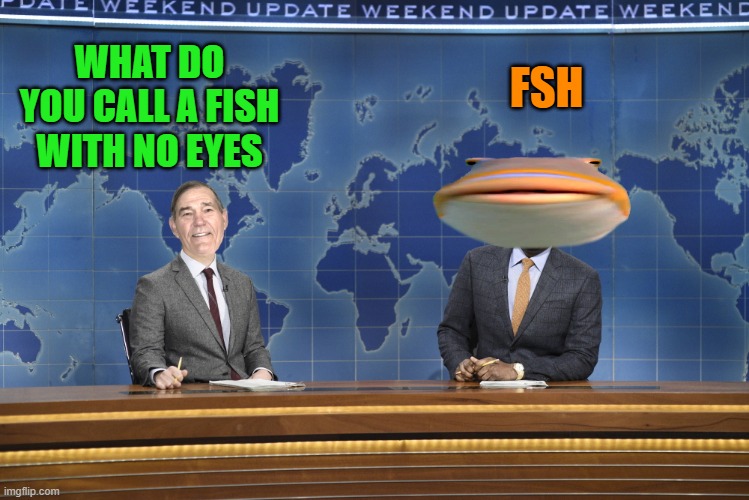 fishy | WHAT DO YOU CALL A FISH WITH NO EYES; FSH | image tagged in weekend update,fishead | made w/ Imgflip meme maker
